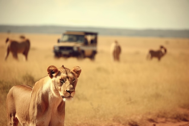 Photo a lioness in the wild with a jeep in the background