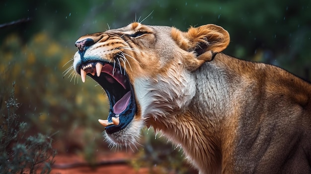 Photo a lioness with its mouth open and the word lion on the bottom right.