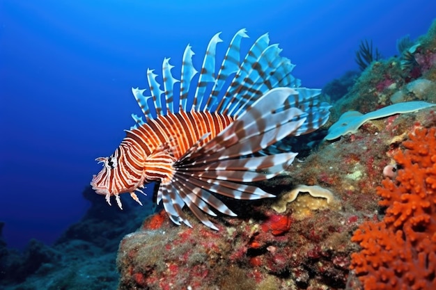 A lionfish showing off its broad pectoral fins near a reef