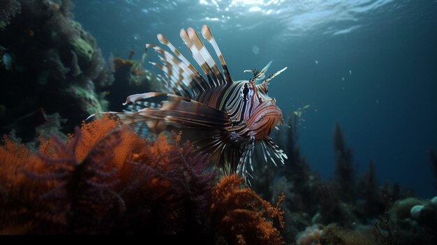 A lionfish swims in the ocean in front of a coral reef.