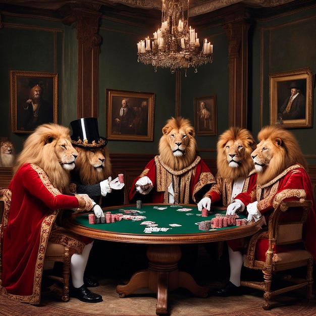 lions dressed as lords playing poker in a respectable English club