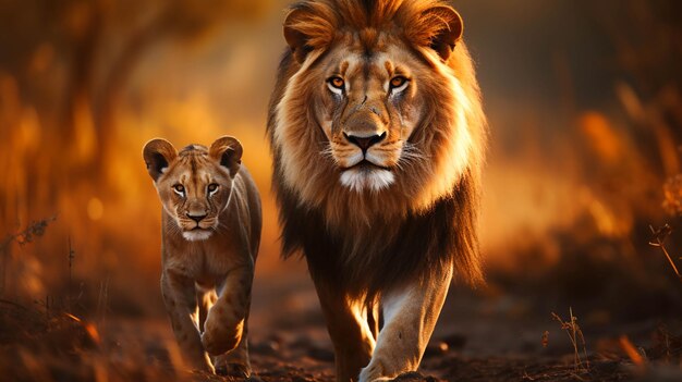 Foto leoni sulla savana sullo sfondo sfocato