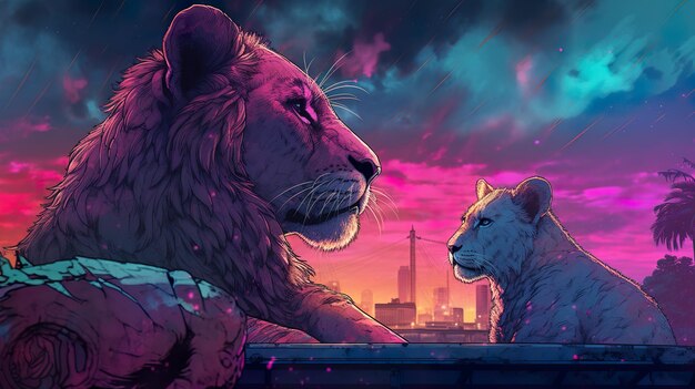 Lions synthwave ai generate