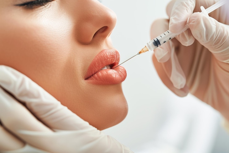 Photo lip fillers cosmetologist makes lip augmentation procedure botox injection for beauty woman
