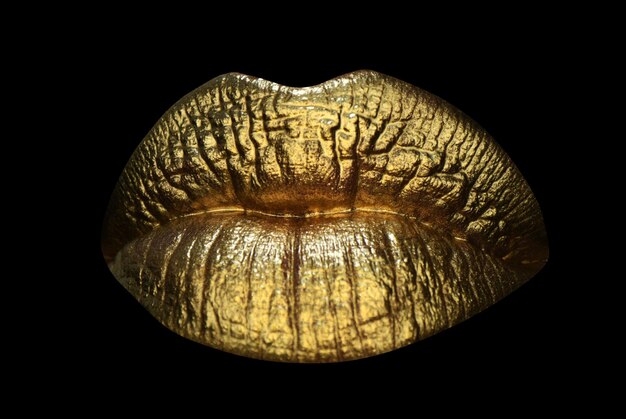 Lip pictogram gouden make-up kleurrijke sexy lippen gouden kunst gouden lichte make-up in lippen geïsoleerd op zwart