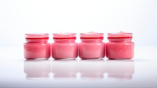 Photo lip scrub jar isolated in red and pink colors peeling and care beauty product for facial beauty