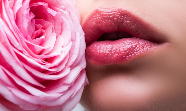 Lippen met lippenstift close-up close-up sexy vrouw natuurlijke lippen en roze roos mooie vrouw lippen met roos