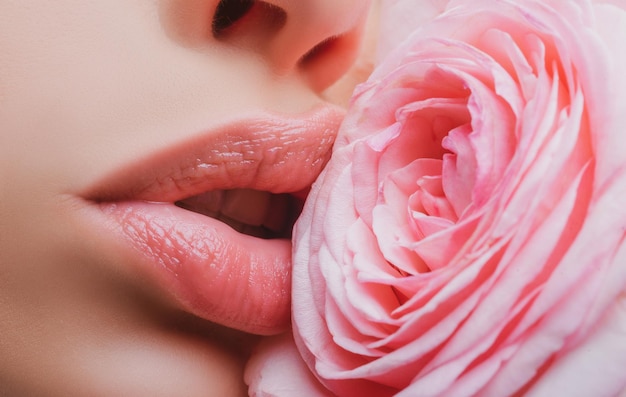 Lippen met lippenstift close-up meisje open mond natuurlijke schoonheid lippen mooie vrouw lippen met roos