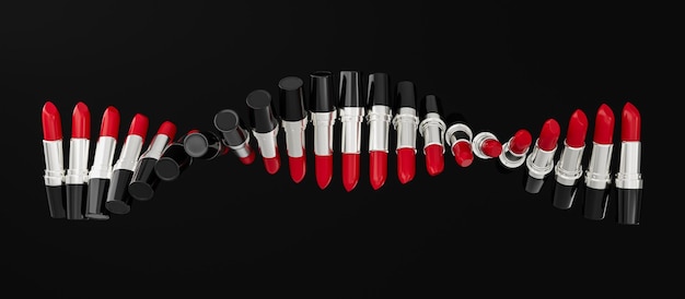 Lippenstift rij DNA vorm mode kleurrijke lippenstiften op zwarte achtergrond make-up concept lipgloss