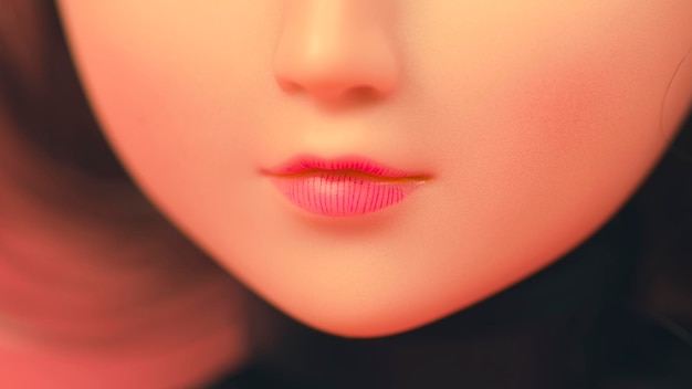 Lips of beautiful doll Close up Part of attractive toy's face with mouth Macro