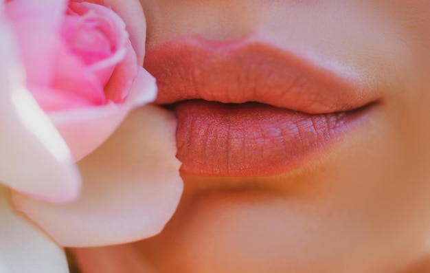 Lips beauty closeup beautiful woman mouth lips with rose