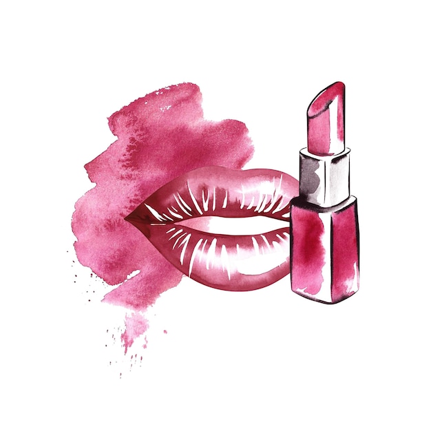 Lips and lipstick on the background of a watercolor stain Painted by hand in watercolor