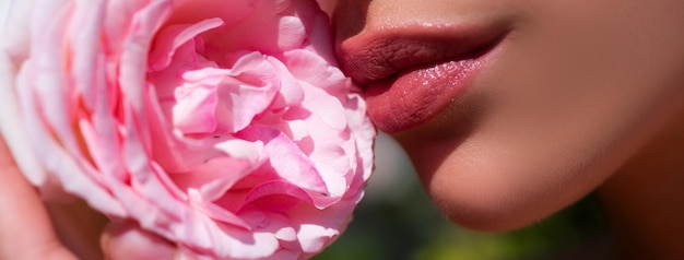 Photo lips and rose close up spring banner beautiful female mouth plump full lips beautiful woman lips wit