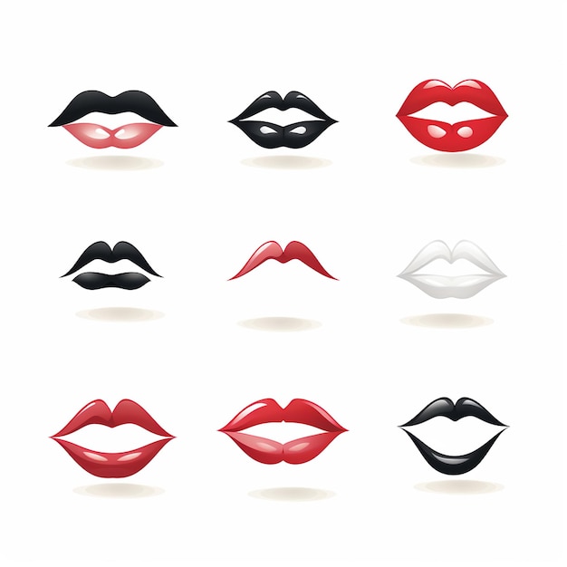 Lips vector set Rode zwarte en witte lippen geïsoleerd op witte achtergrond