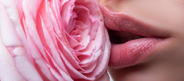 Premium Photo Lips with lipstick closeup beautiful woman lips with rose oral