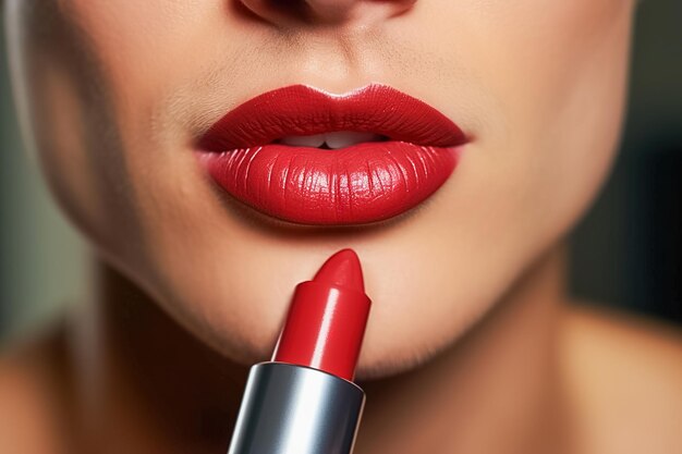 Lips with red lipstick closeup