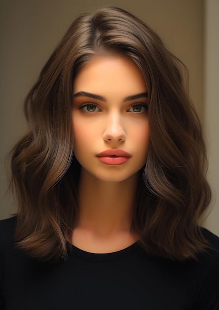 Premium AI Image | lips woman long brown hair black shirt perfect face ...