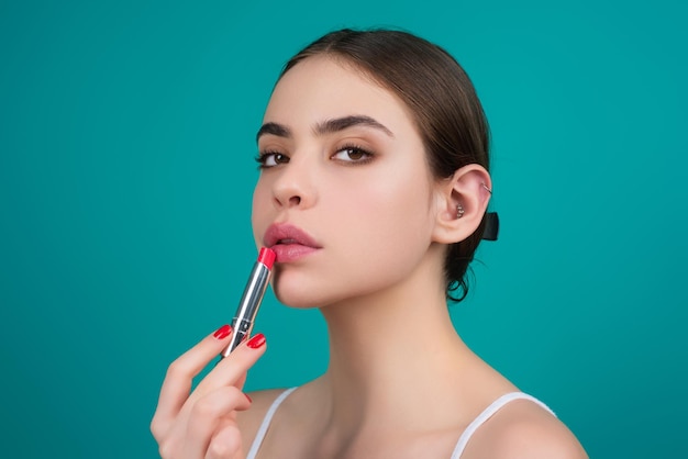 Lipstick beauty and cosmetics beautiful woman applying lipstick on lips mockup for cosmetics makeup