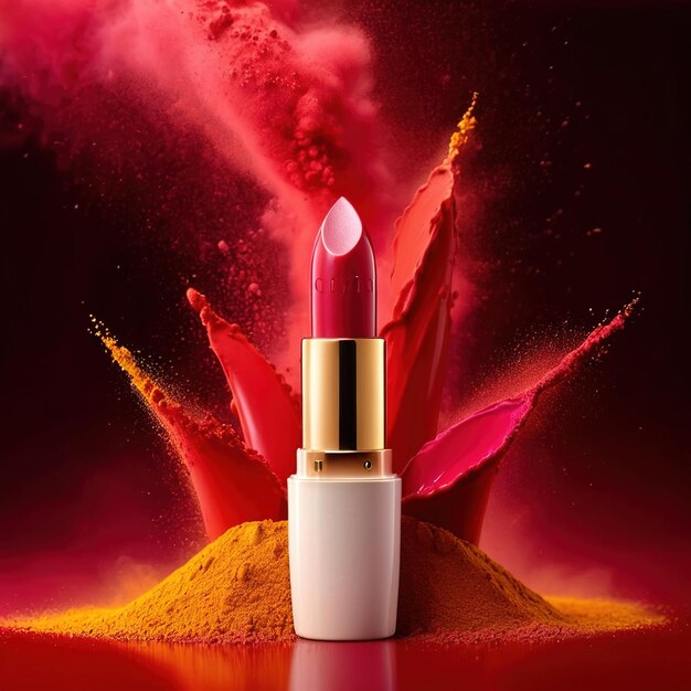 Lipstick commercial photography with explosion of red and yellow dust