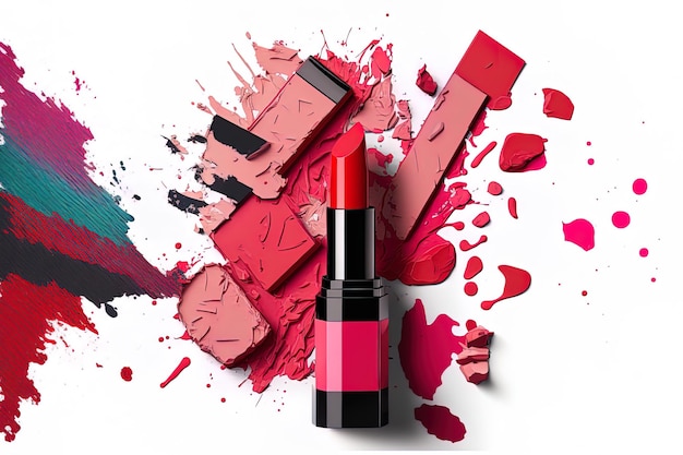 Lipstick and eyeshadow in pieces isolated on a white backdrop