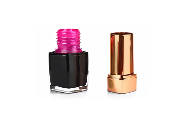 Lipstick nail polish and mascara on white background