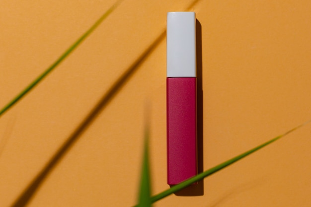 Lipstick on orange background with foliage summertime edition for advertising