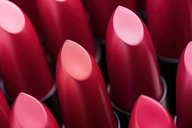 Photo lipstick tubes in various shades of red and pink arranged in repeating pattern makeup beauty