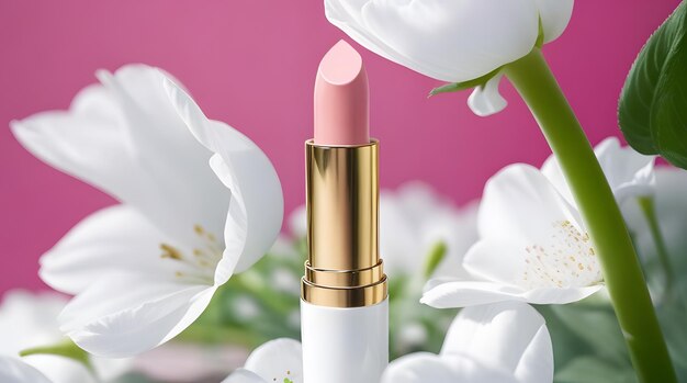 Photo lipstick and white tulips on pink background