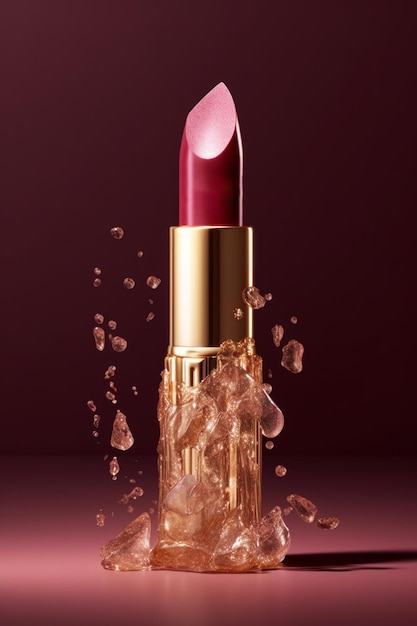 A lipstick with a gold rim and a red lipstick on it