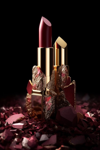 A lipstick with a gold rim and a red lipstick on it