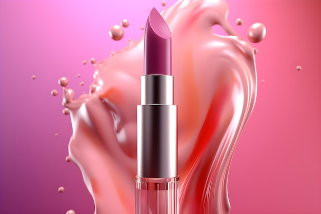 Lipstick with a pink liquid in the background