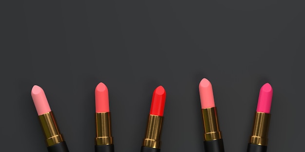 Lipsticks closeup on a black background with copy space Women's cosmetics for makeup 3D render