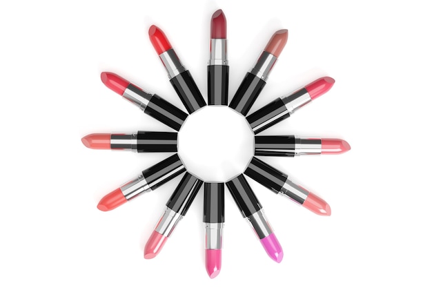 Lipsticks of different colors arranged in a circle.