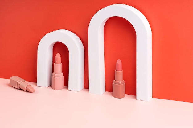 Lipsticks presentation white arch podiums marketing