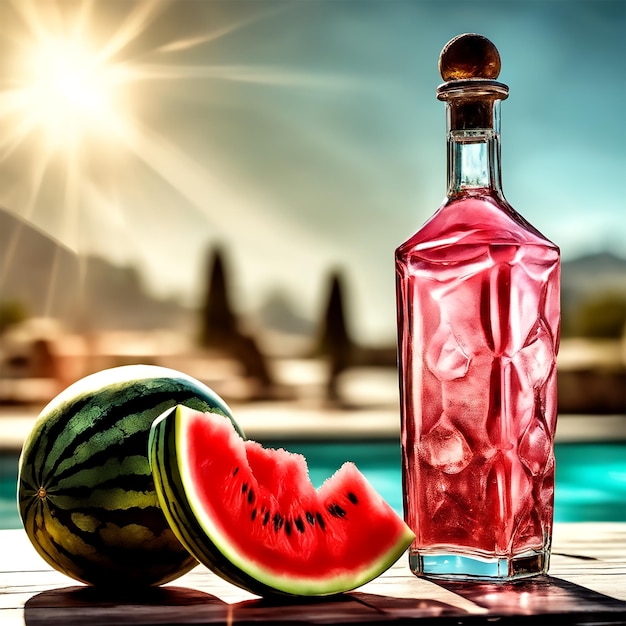 A liqueur bottle standing on a table in hard sunlight with juicy watermelon ice cubes drink photo