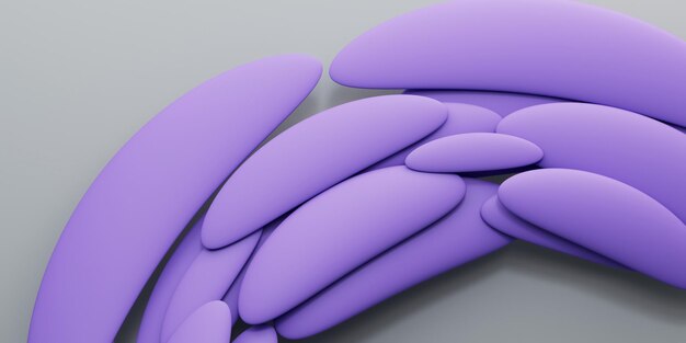 Жидкие абстрактные формы 3d иллюстрации рендеринга. Фиолетовый мягкий резиновый материал на светло-сером фоне. Креативные модные длинные баннерные обои