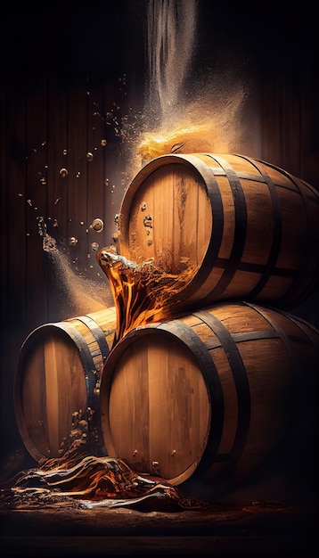 Liquid being poured on top of the three wooden barrels