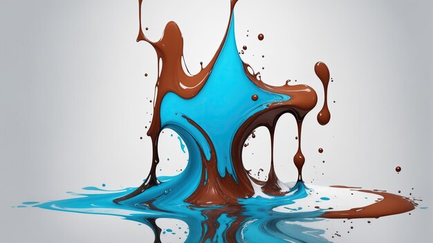 Жидкий коричневый и синий брызги цветная капля на белом абстрактном фоне