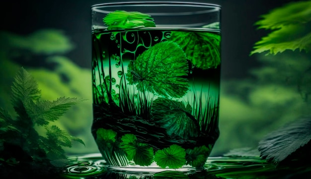 Liquid chlorophyll in a glass of water on the background of plants Generative AI