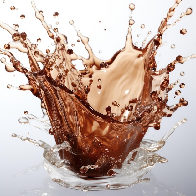 Liquid chocolate crown splash In a liquid chocolate pool With circle ripples Side view isolated on white background