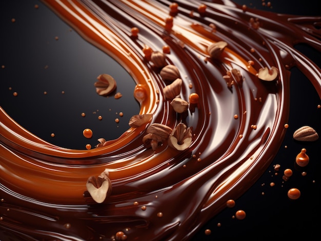 Liquid dark chocolate sweet caramel sauce swirls splashes twisted toffees