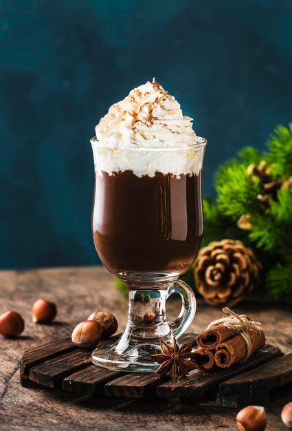 Liquid dark chocolate with whipped cream and cocoa powder Winter and autumn time drink dessert Christmas warm beverage Copy space