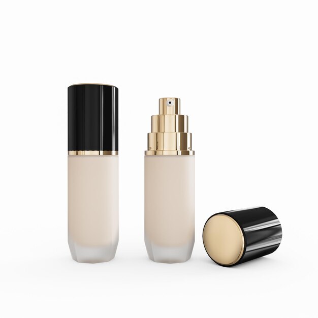 Liquid foundation set Facial corrector on beige background with copy space Packaging mockup