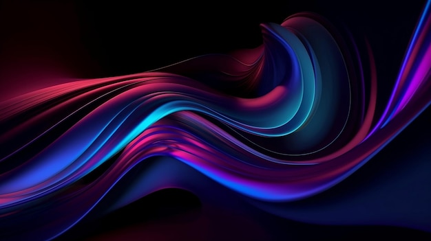 Liquid glass gradient neon curved wave in motion dark background 3d render