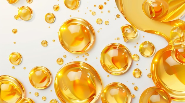 Liquid gold drops of organic cosmetic or food oil top view of clear yellow puddles isolated on transparent background Modern realistic mockup of liquid gold drips of organic cosmetic or food oil