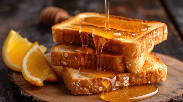 Photo liquid gold honey slowly dripping from a honey dipper onto toast