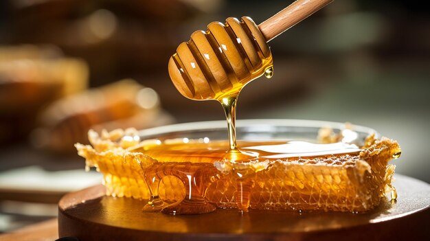 The liquid gold of honey with its mesmerizing amber hue and enticing drips