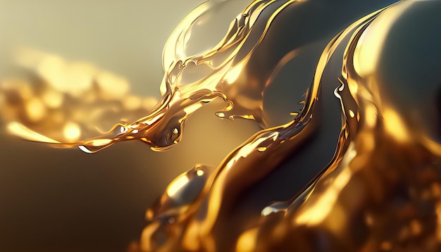 Liquid gold metallic dynamic glossy fluid abstract luxurious background Digital 3D illustration