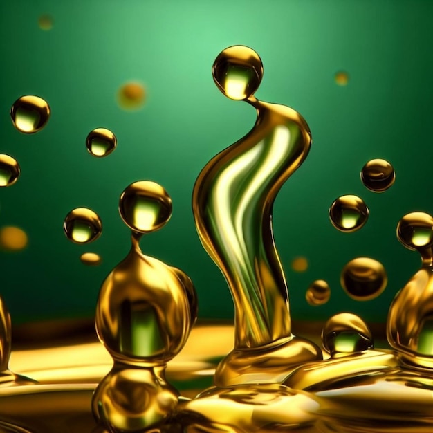 Liquid gold olives and olive oil dancing on a green canvas