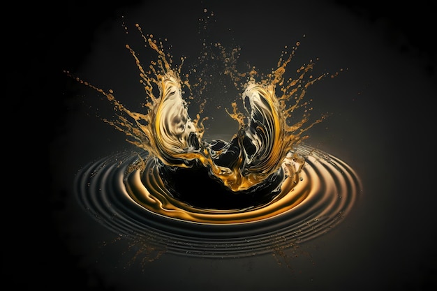 Liquid gold splash on black gold background as luxury glamor beauty concept for cosmetics or fashion